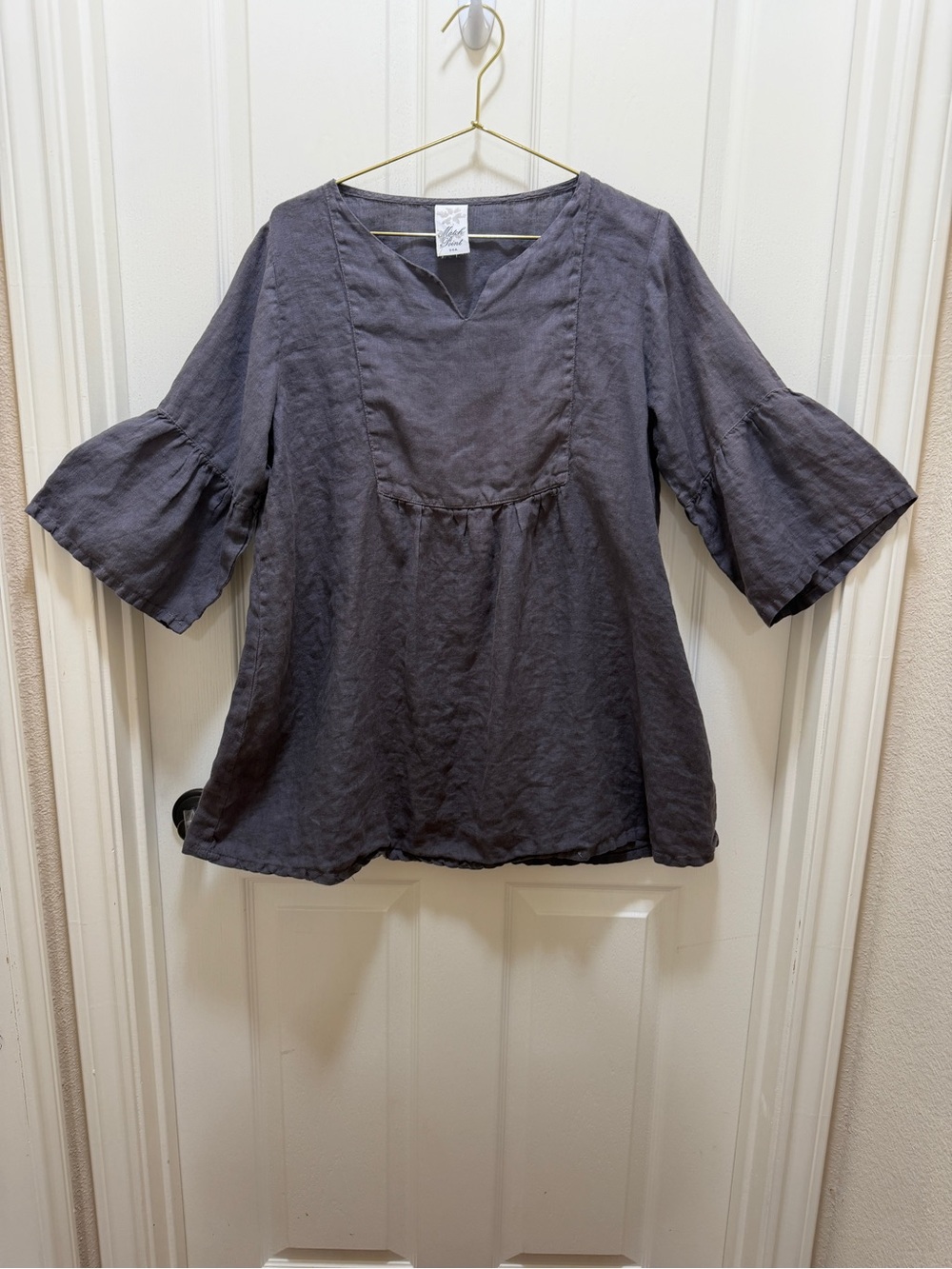 Match Point Women's 100% Linen Tunic Top Size Small Gray Bell Sleeve Boho